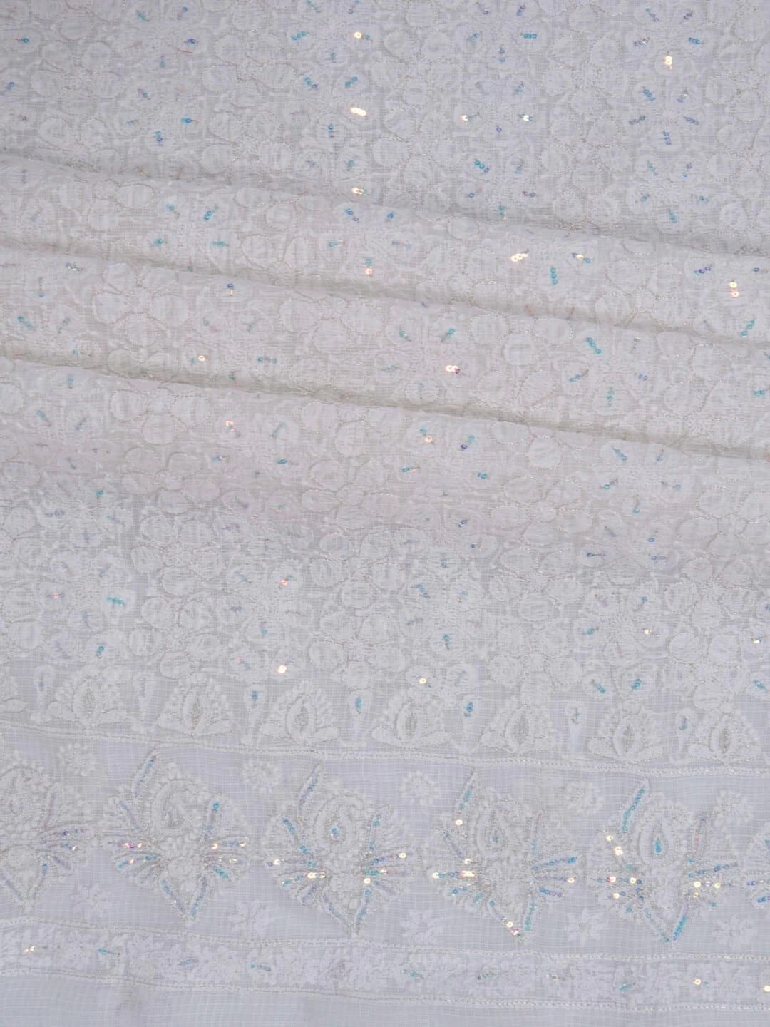 Ada Hand Embroidered White Kota Lucknowi Chikankari Unstitched Kurta Dupatta Set With Zari Work 01A256019
