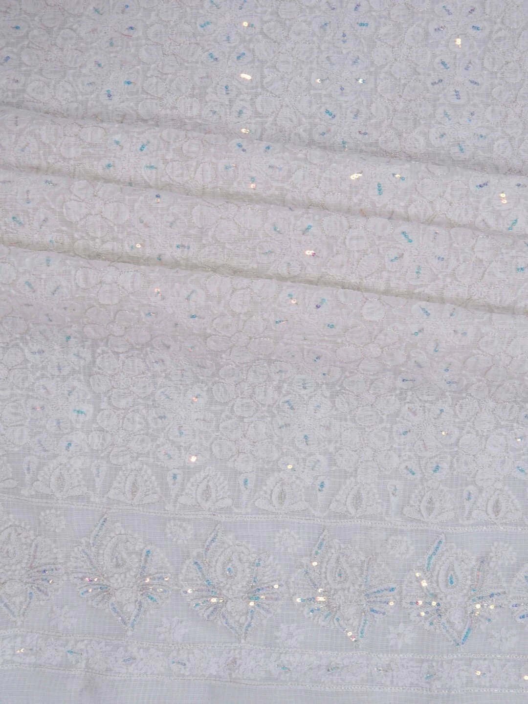 Ada Hand Embroidered White Kota Lucknowi Chikankari Unstitched Kurta Dupatta Set With Zari Work 01A256019