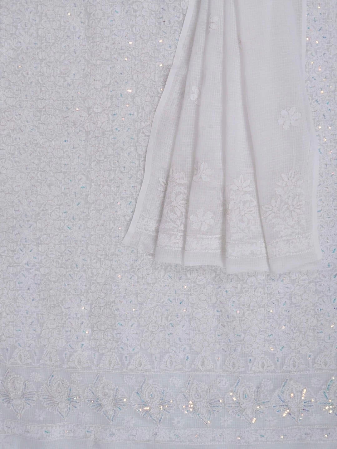 Ada Hand Embroidered White Kota Lucknowi Chikankari Unstitched Kurta Dupatta Set With Zari Work 01A256019