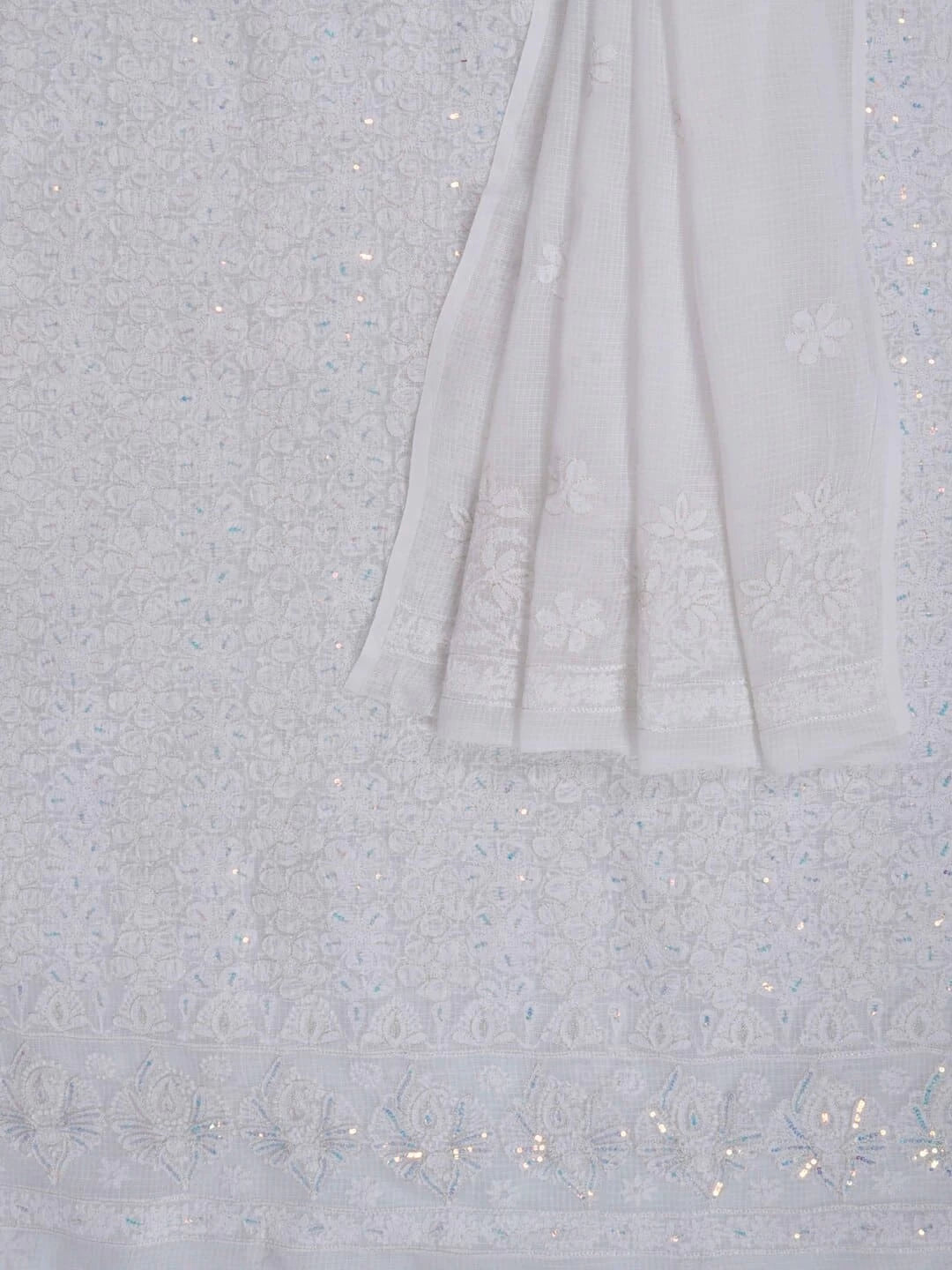 Ada Hand Embroidered White Kota Lucknowi Chikankari Unstitched Kurta Dupatta Set With Zari Work 01A256019