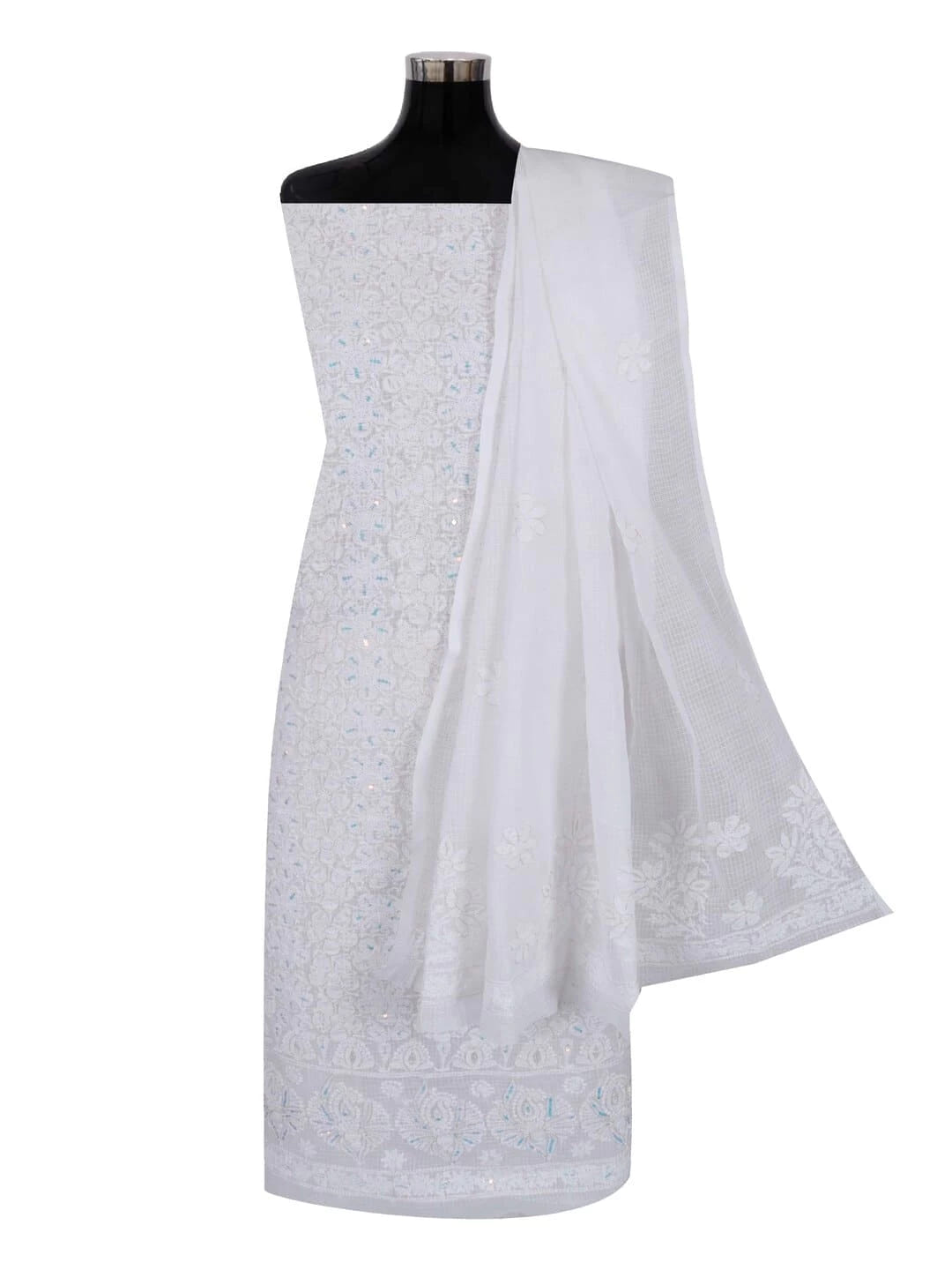 Ada Hand Embroidered White Kota Lucknowi Chikankari Unstitched Kurta Dupatta Set With Zari Work 01A256019