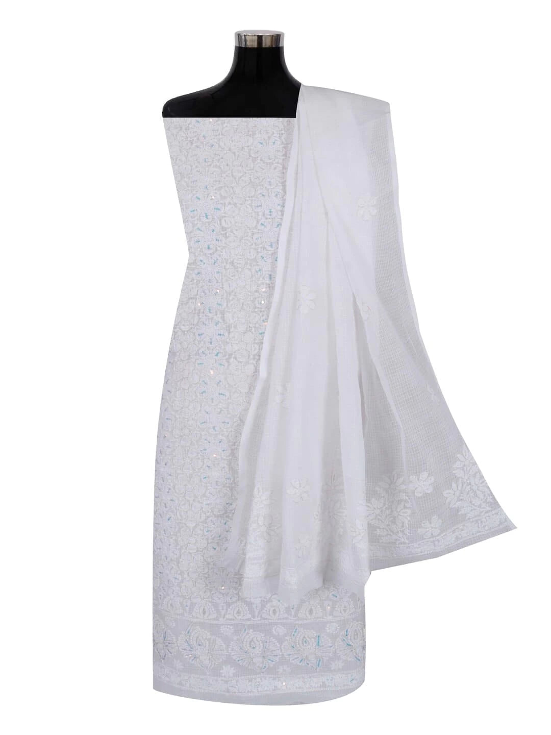 Ada Hand Embroidered White Kota Lucknowi Chikankari Unstitched Kurta Dupatta Set With Zari Work 01A256019