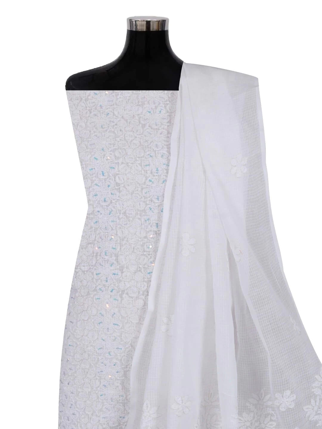 Ada Hand Embroidered White Kota Lucknowi Chikankari Unstitched Kurta Dupatta Set With Zari Work 01A256019