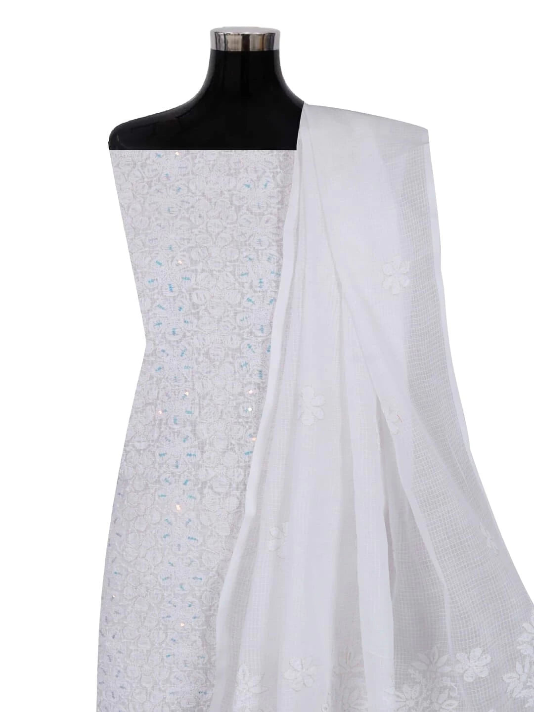Ada Hand Embroidered White Kota Lucknowi Chikankari Unstitched Kurta Dupatta Set With Zari Work 01A256019