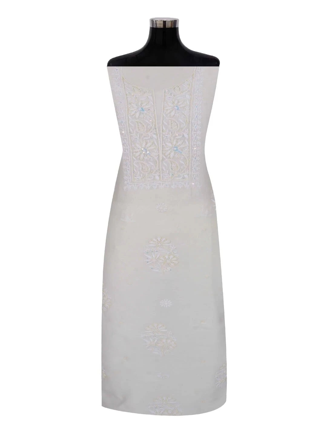 Ada Hand Embroidered Off White Chanderi Lucknowi Chikankari Unstitched Kurta Dupatta Set With Pearl Work 01A160965