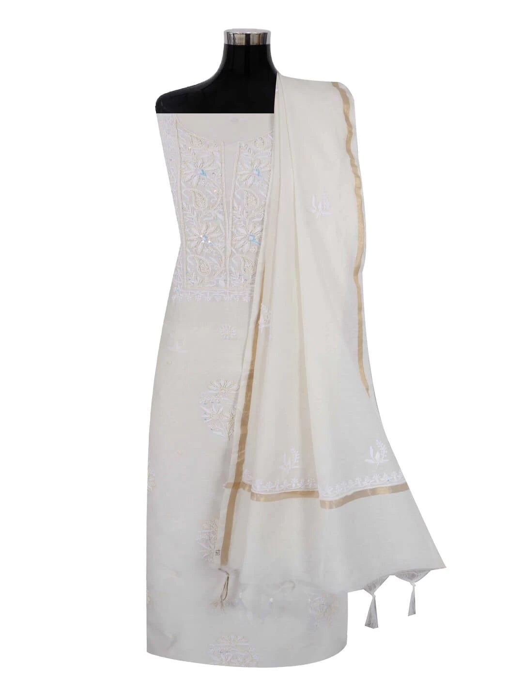 Ada Hand Embroidered Off White Chanderi Lucknowi Chikankari Unstitched Kurta Dupatta Set With Pearl Work 01A160965