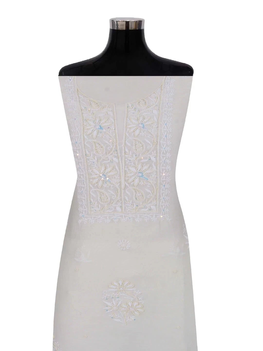 Ada Hand Embroidered Off White Chanderi Lucknowi Chikankari Unstitched Kurta Dupatta Set With Pearl Work 01A160965
