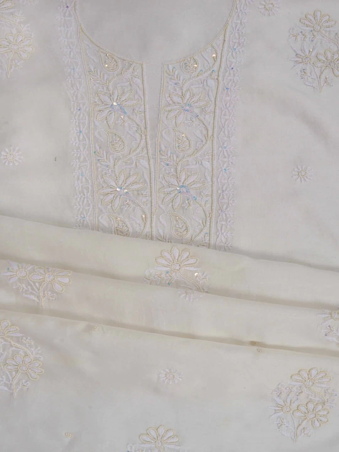 Ada Hand Embroidered Off White Chanderi Lucknowi Chikankari Unstitched Kurta Dupatta Set With Pearl Work 01A160965