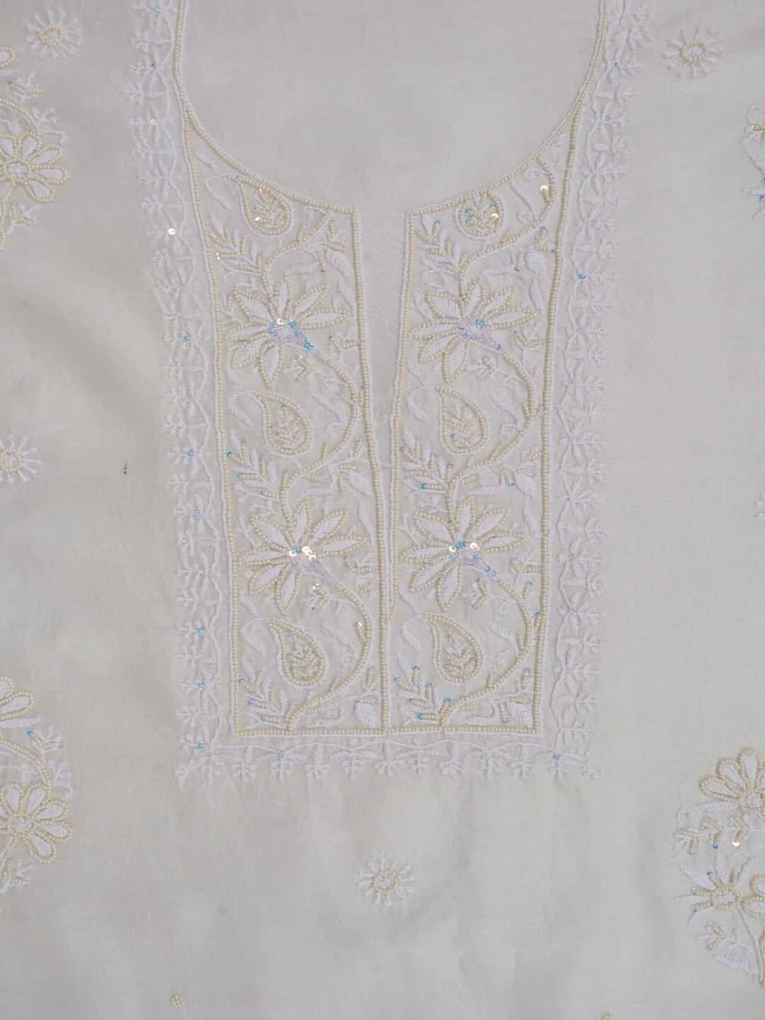 Ada Hand Embroidered Off White Chanderi Lucknowi Chikankari Unstitched Kurta Dupatta Set With Pearl Work 01A160965