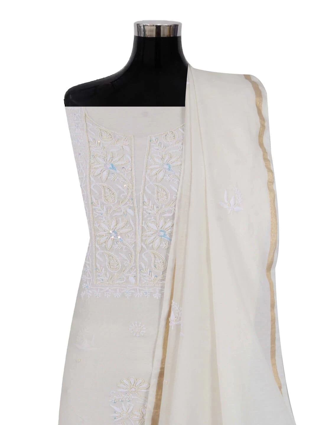 Ada Hand Embroidered Off White Chanderi Lucknowi Chikankari Unstitched Kurta Dupatta Set With Pearl Work 01A160965