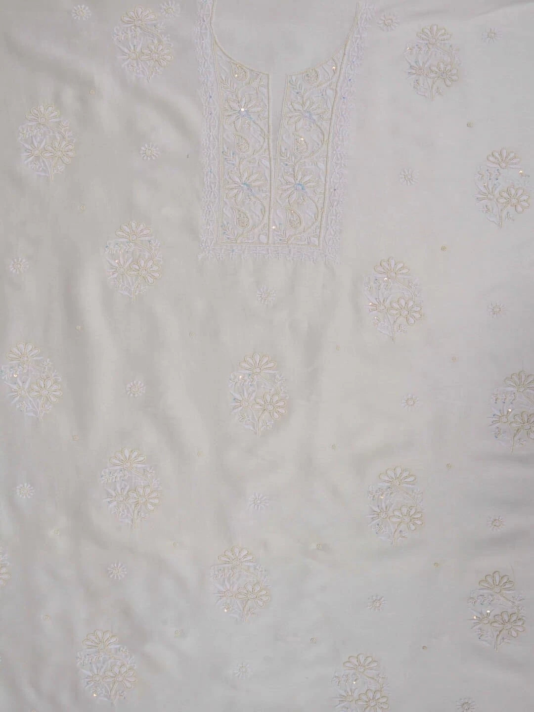 Ada Hand Embroidered Off White Chanderi Lucknowi Chikankari Unstitched Kurta Dupatta Set With Pearl Work 01A160965