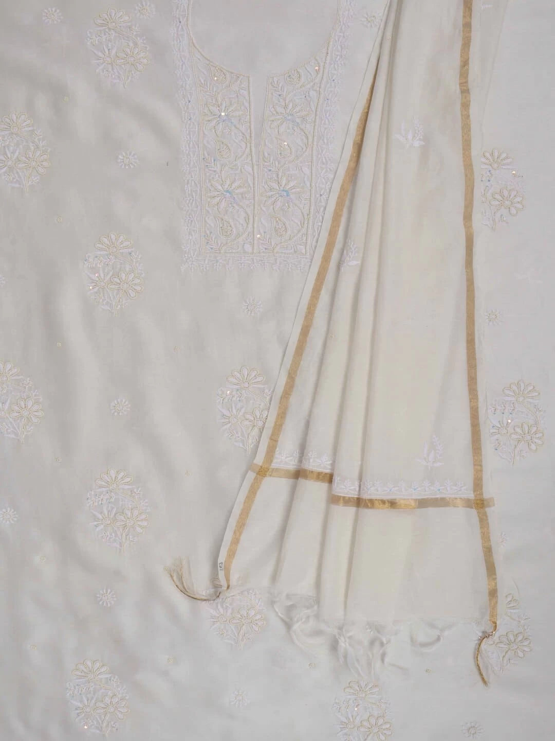 Ada Hand Embroidered Off White Chanderi Lucknowi Chikankari Unstitched Kurta Dupatta Set With Pearl Work 01A160965