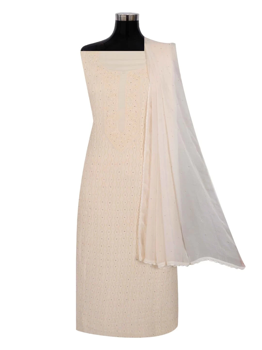 Ada Hand Embroidered Cream Modal Lucknowi Chikankari Unstitched Kurta Dupatta Set With Muqaish Work 01A260039