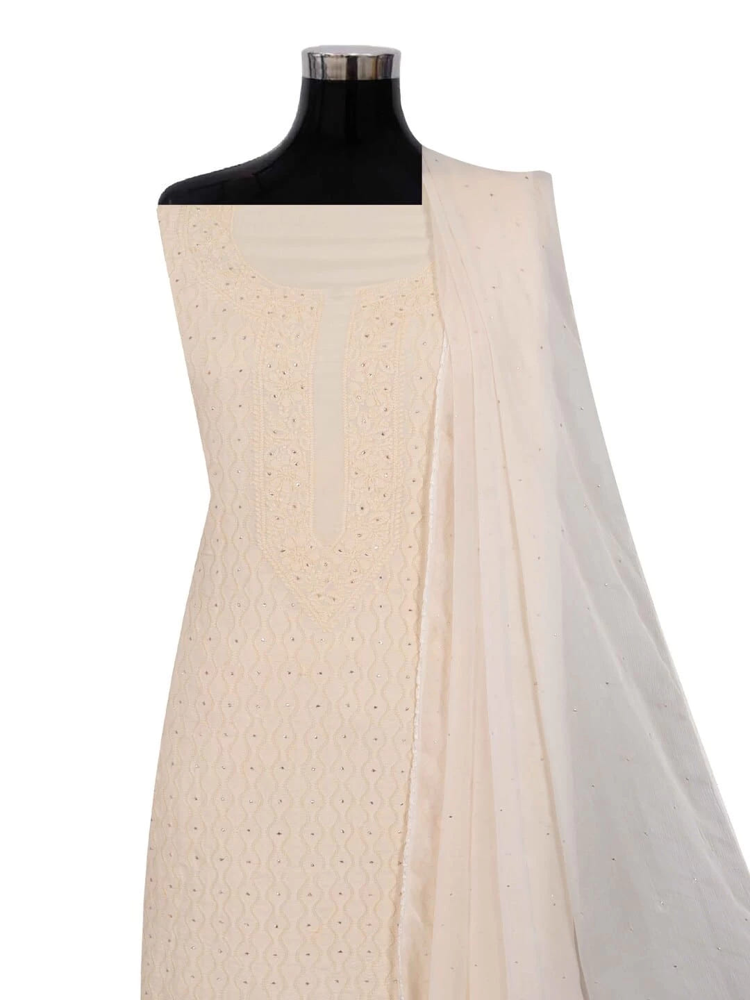 Ada Hand Embroidered Cream Modal Lucknowi Chikankari Unstitched Kurta Dupatta Set With Muqaish Work 01A260039