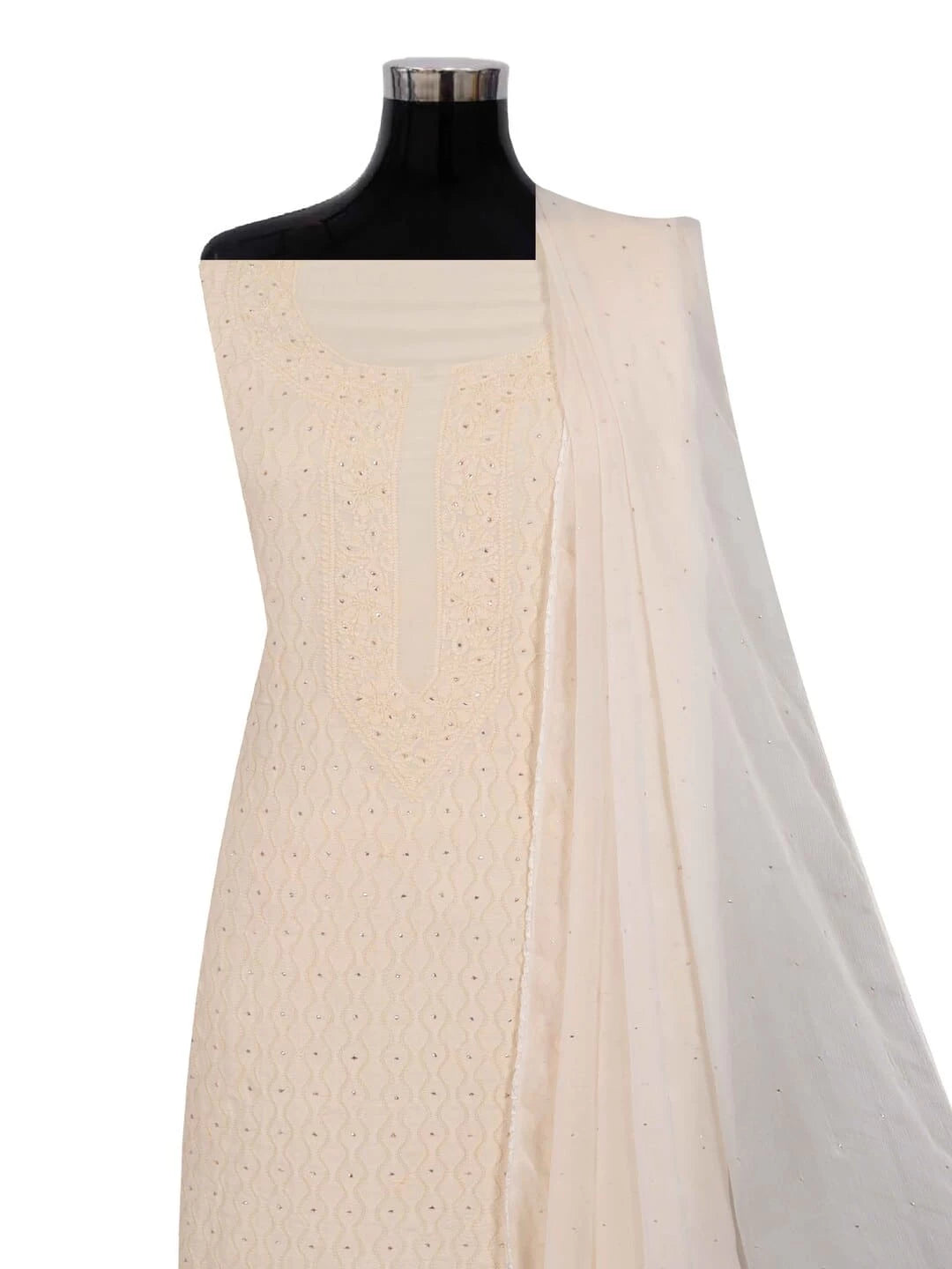 Ada Hand Embroidered Cream Modal Lucknowi Chikankari Unstitched Kurta Dupatta Set With Muqaish Work 01A260039