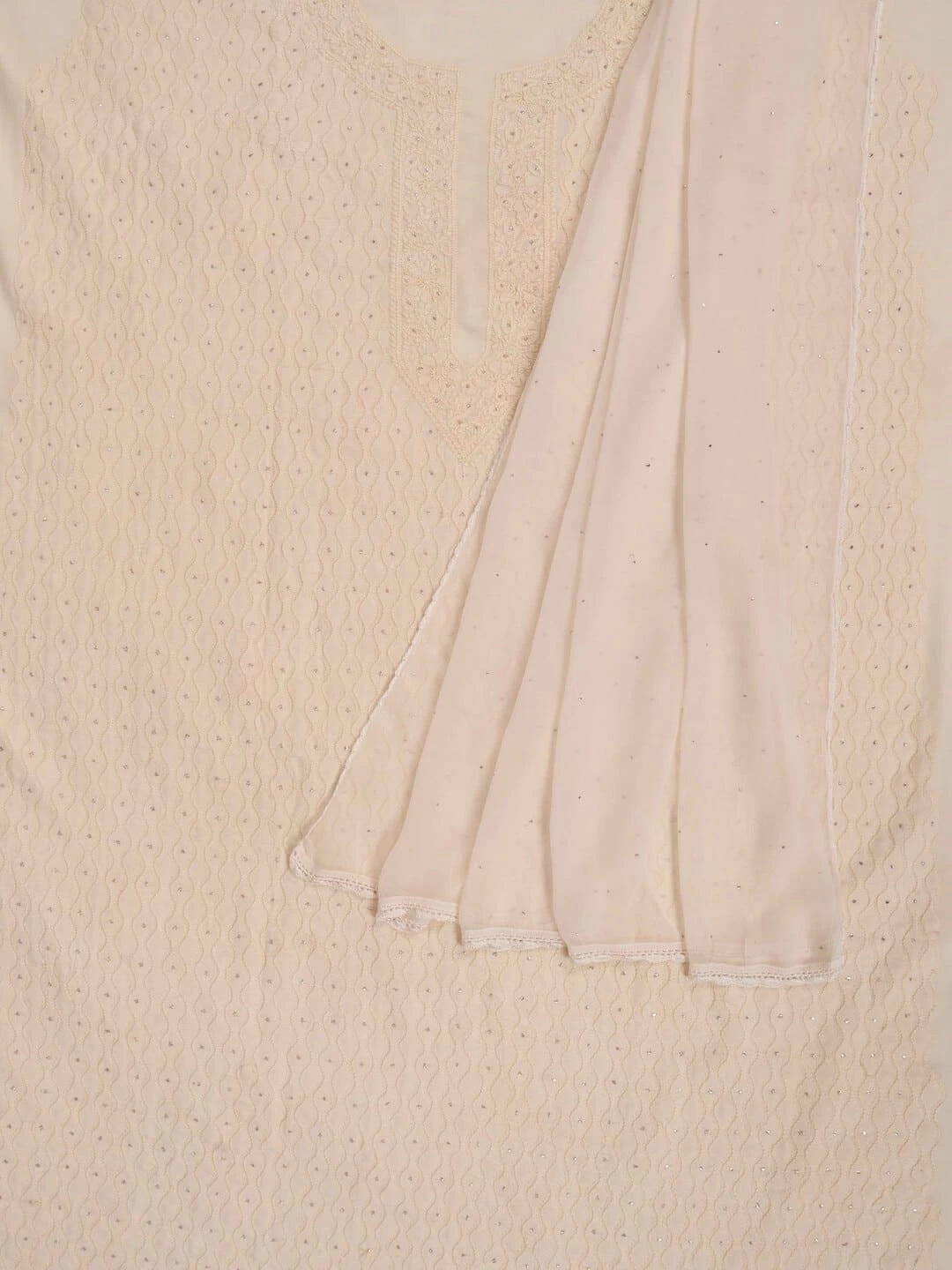 Ada Hand Embroidered Cream Modal Lucknowi Chikankari Unstitched Kurta Dupatta Set With Muqaish Work 01A260039