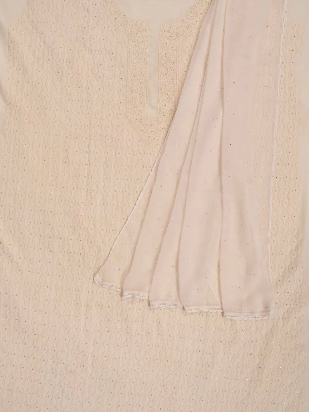 Ada Hand Embroidered Cream Modal Lucknowi Chikankari Unstitched Kurta Dupatta Set With Muqaish Work 01A260039