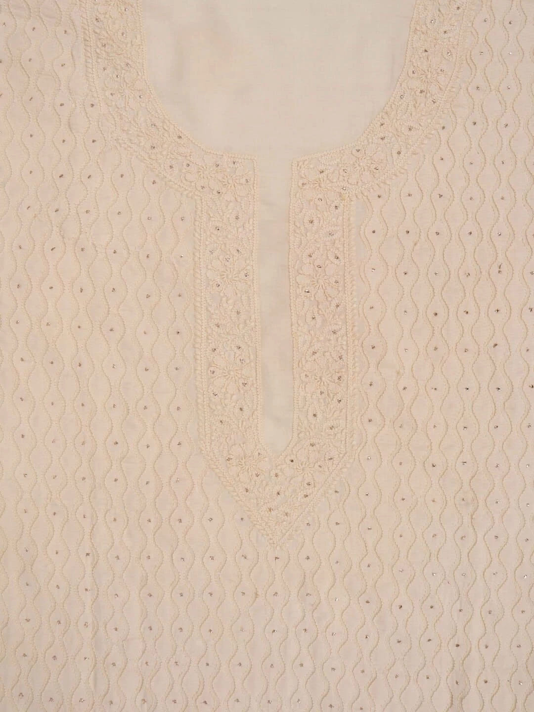 Ada Hand Embroidered Cream Modal Lucknowi Chikankari Unstitched Kurta Dupatta Set With Muqaish Work 01A260039