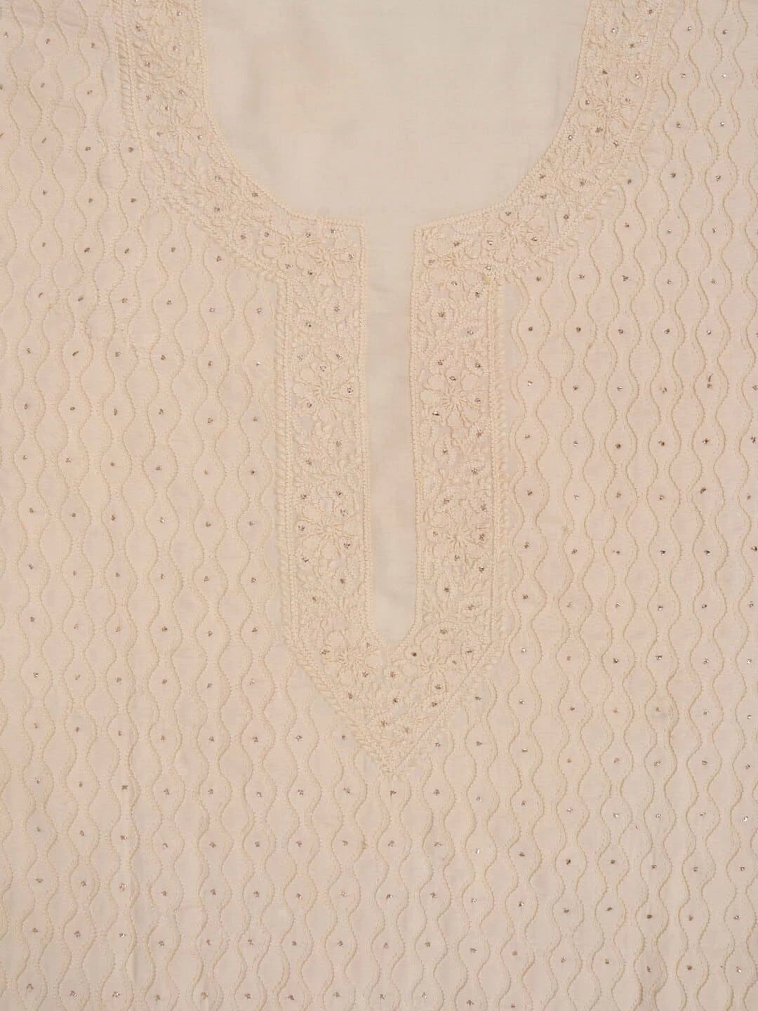 Ada Hand Embroidered Cream Modal Lucknowi Chikankari Unstitched Kurta Dupatta Set With Muqaish Work 01A260039