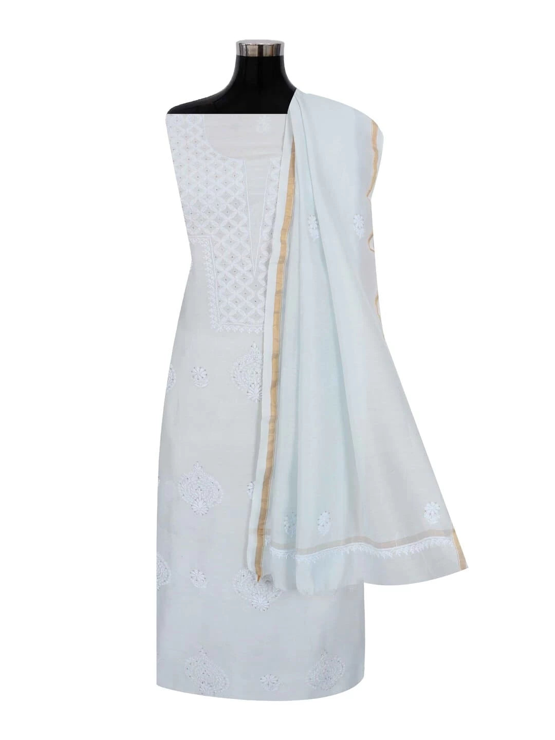 Ada Hand Embroidered Light Blue Chanderi Lucknowi Chikankari Unstitched Kurta Dupatta Set With Muqaish Work 01A238448