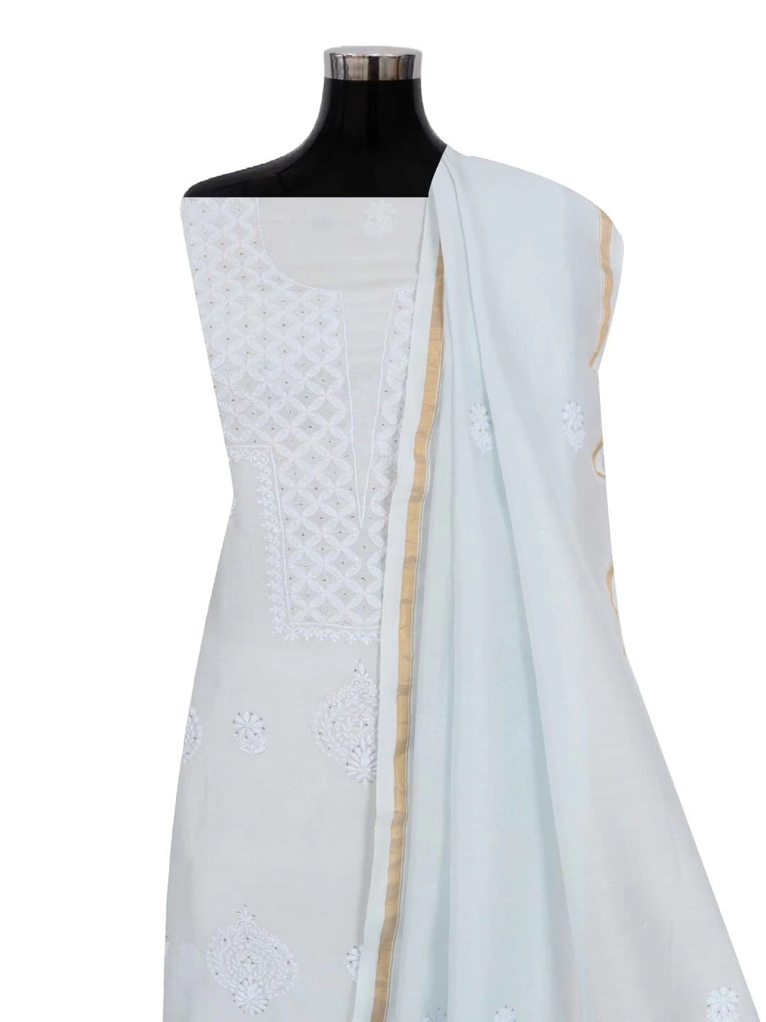 Ada Hand Embroidered Light Blue Chanderi Lucknowi Chikankari Unstitched Kurta Dupatta Set With Muqaish Work 01A238448