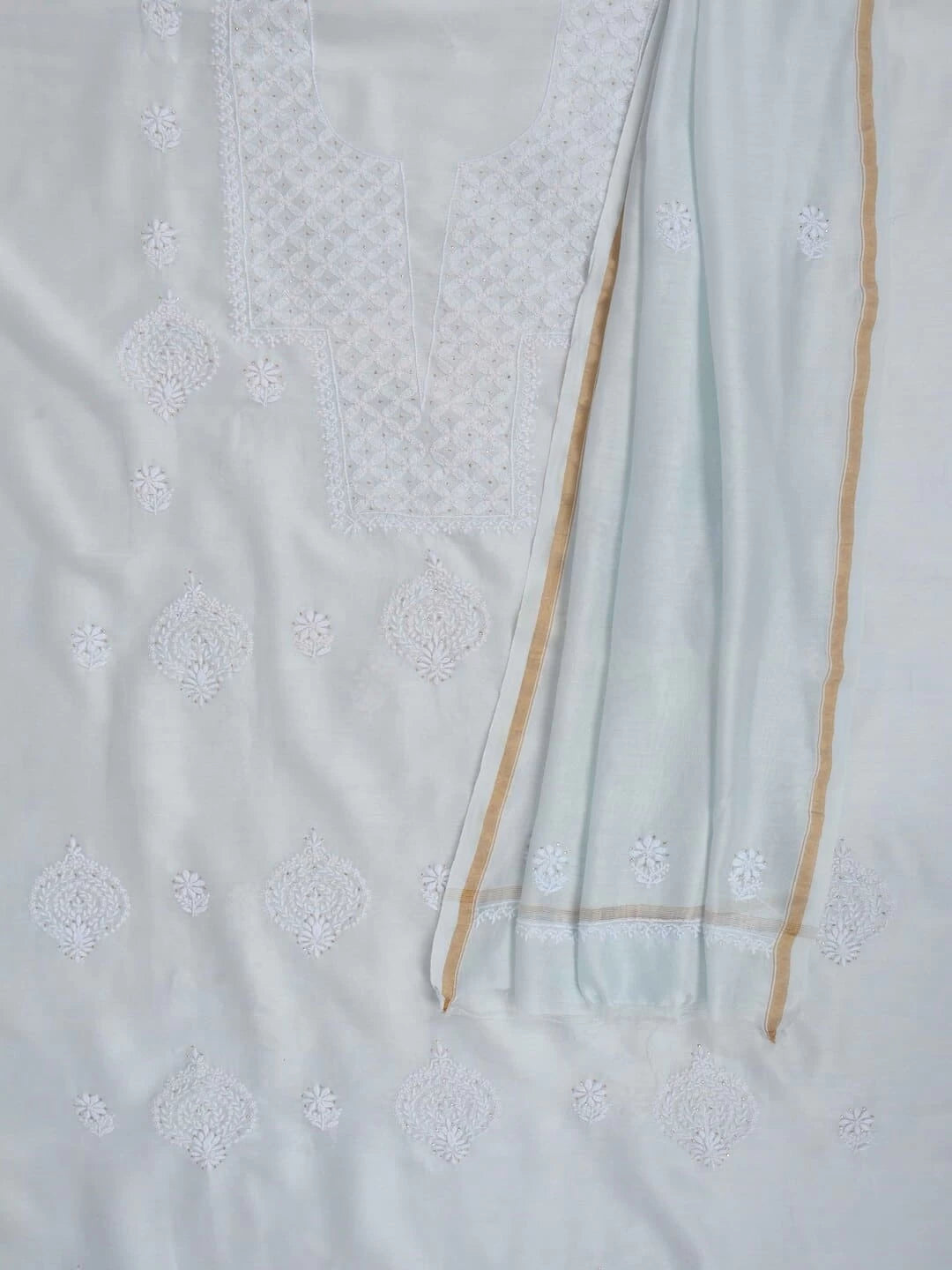 Ada Hand Embroidered Light Blue Chanderi Lucknowi Chikankari Unstitched Kurta Dupatta Set With Muqaish Work 01A238448
