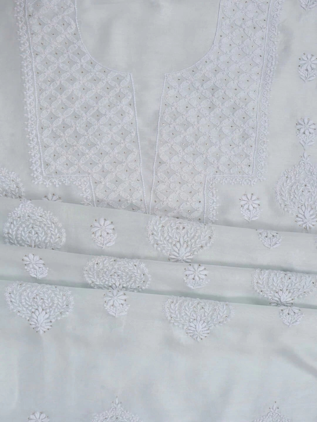 Ada Hand Embroidered Light Blue Chanderi Lucknowi Chikankari Unstitched Kurta Dupatta Set With Muqaish Work 01A238448