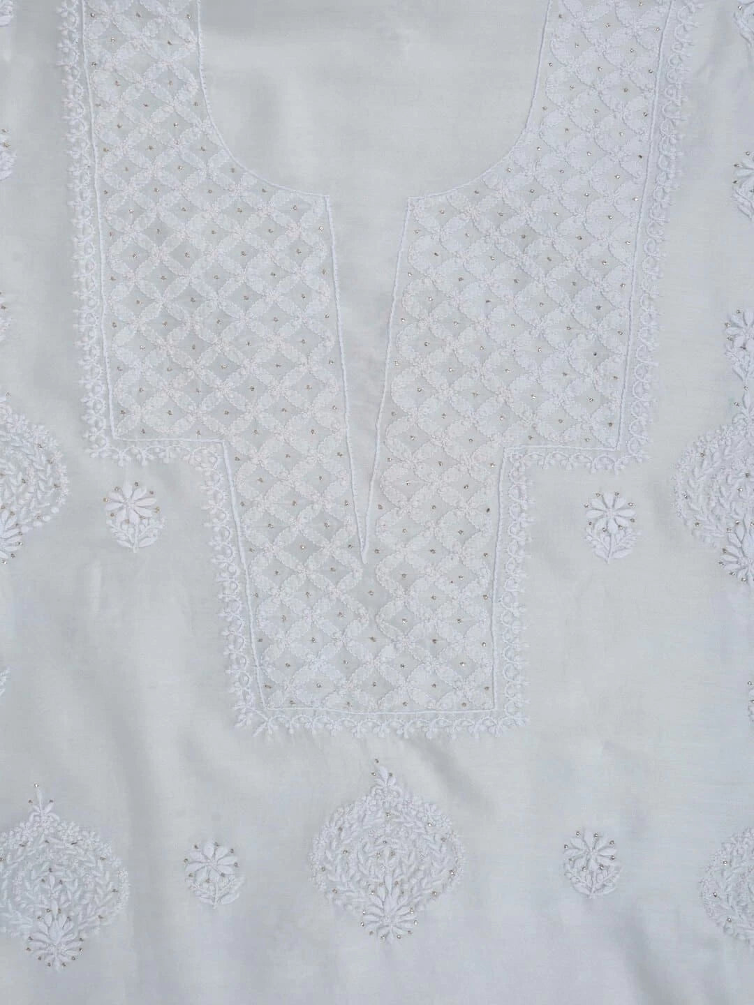 Ada Hand Embroidered Light Blue Chanderi Lucknowi Chikankari Unstitched Kurta Dupatta Set With Muqaish Work 01A238448