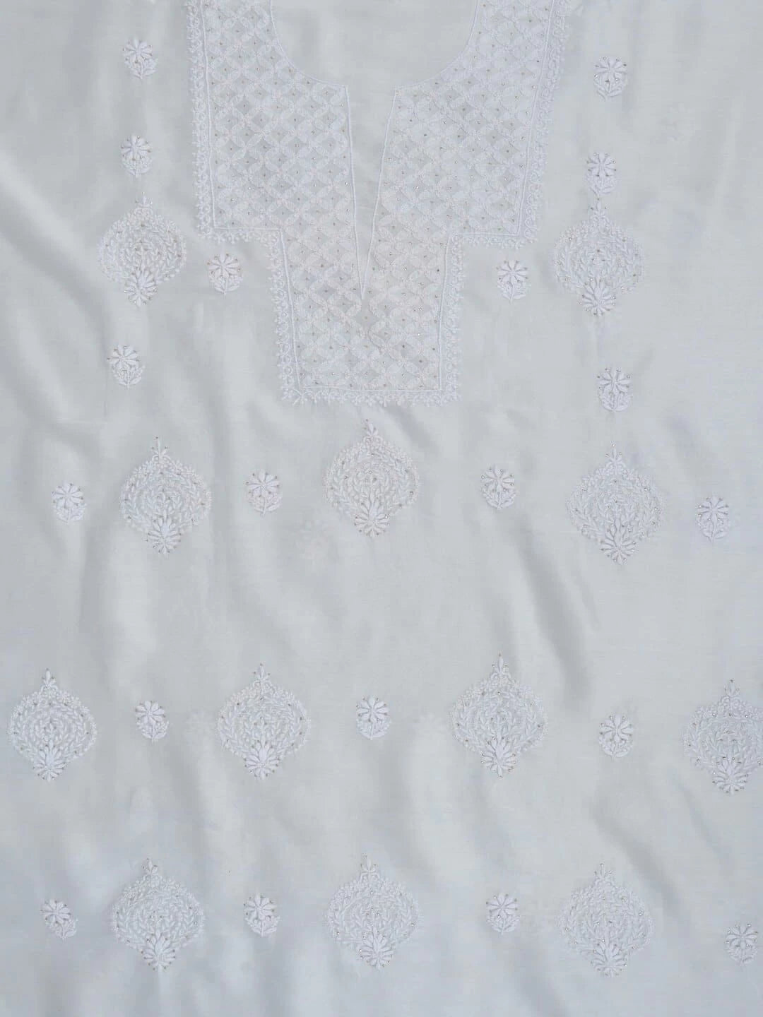 Ada Hand Embroidered Light Blue Chanderi Lucknowi Chikankari Unstitched Kurta Dupatta Set With Muqaish Work 01A238448