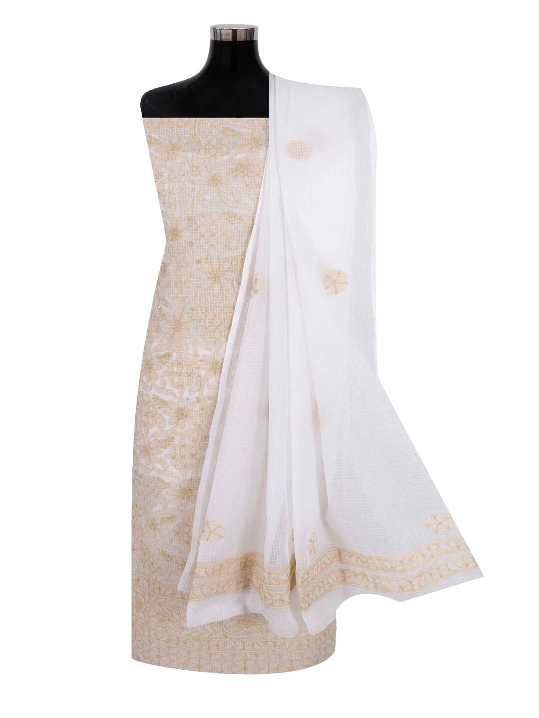 Ada Hand Embroidered White Kota Lucknowi Chikankari Unstitched Kurta Dupatta Set 01A219556