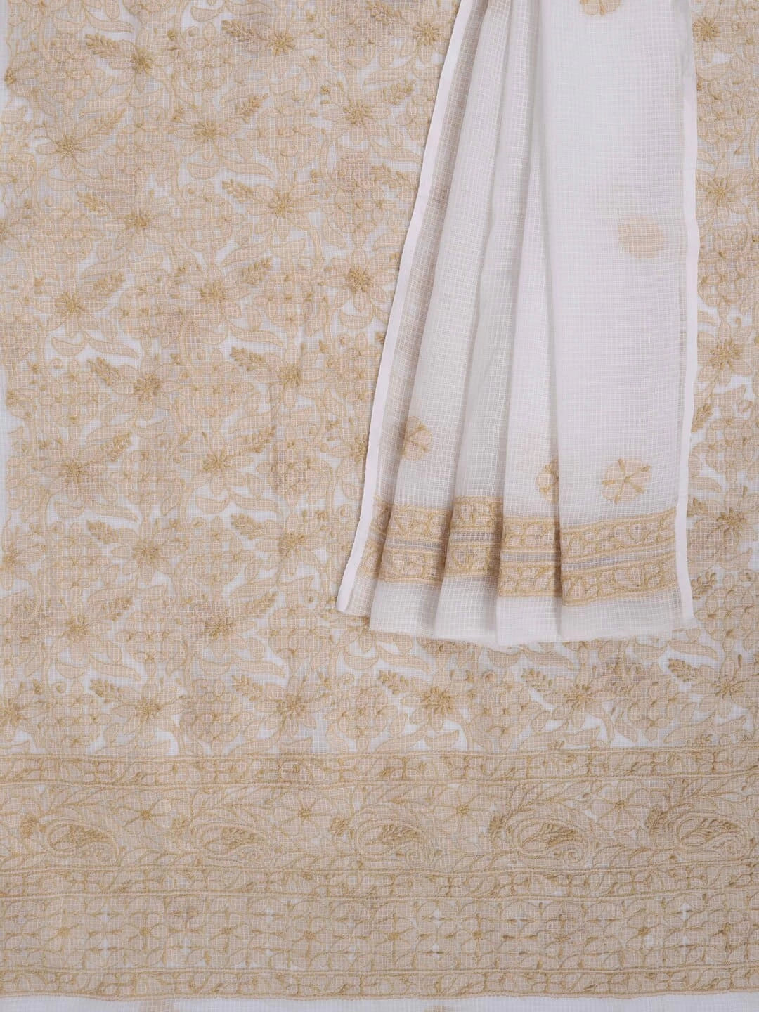 Ada Hand Embroidered White Kota Lucknowi Chikankari Unstitched Kurta Dupatta Set 01A219556