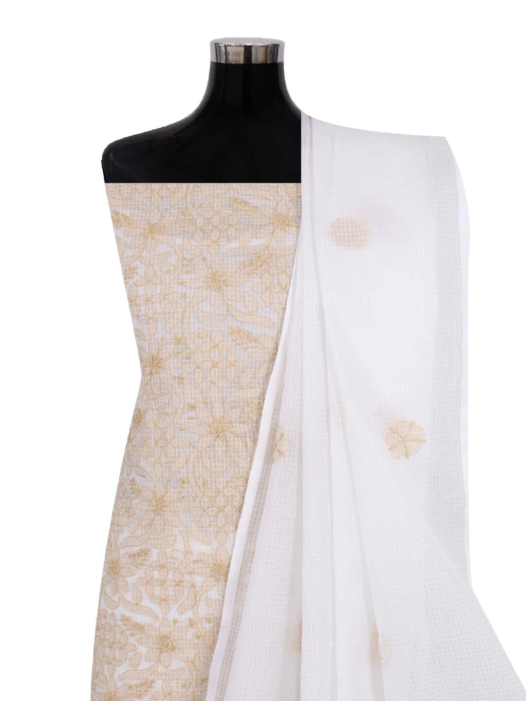 Ada Hand Embroidered White Kota Lucknowi Chikankari Unstitched Kurta Dupatta Set 01A219556