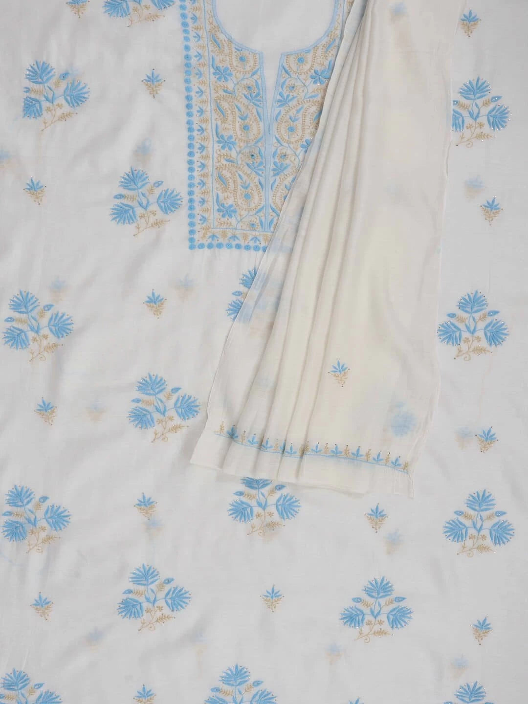 Ada Hand Embroidered White Chanderi Lucknowi Chikankari Unstitched Kurta Dupatta Set With Muqaish Work 01A260017