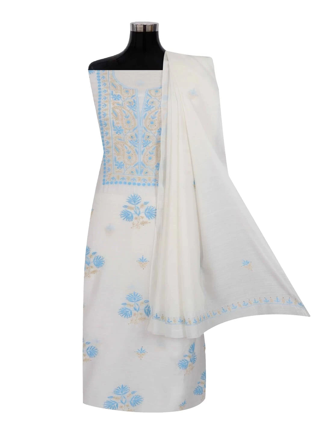 Ada Hand Embroidered White Chanderi Lucknowi Chikankari Unstitched Kurta Dupatta Set With Muqaish Work 01A260017
