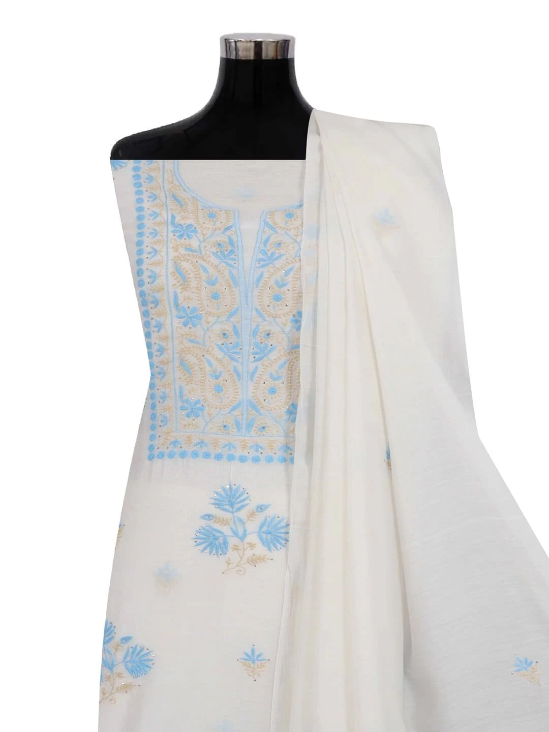 Ada Hand Embroidered White Chanderi Lucknowi Chikankari Unstitched Kurta Dupatta Set With Muqaish Work 01A260017