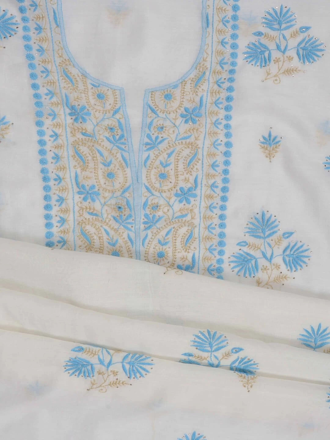 Ada Hand Embroidered White Chanderi Lucknowi Chikankari Unstitched Kurta Dupatta Set With Muqaish Work 01A260017
