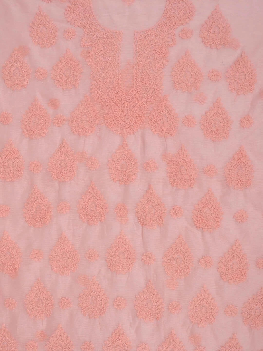 Ada Hand Embroidered Peach Super Net Lucknowi Chikankari Unstitched Kurta Dupatta Set 01A261734