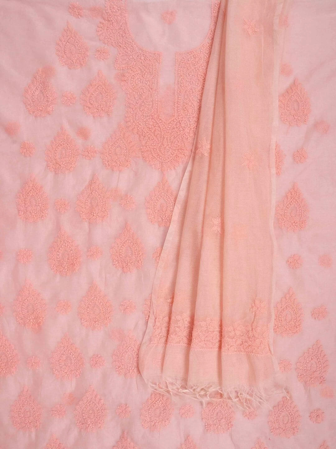 Ada Hand Embroidered Peach Super Net Lucknowi Chikankari Unstitched Kurta Dupatta Set 01A261734