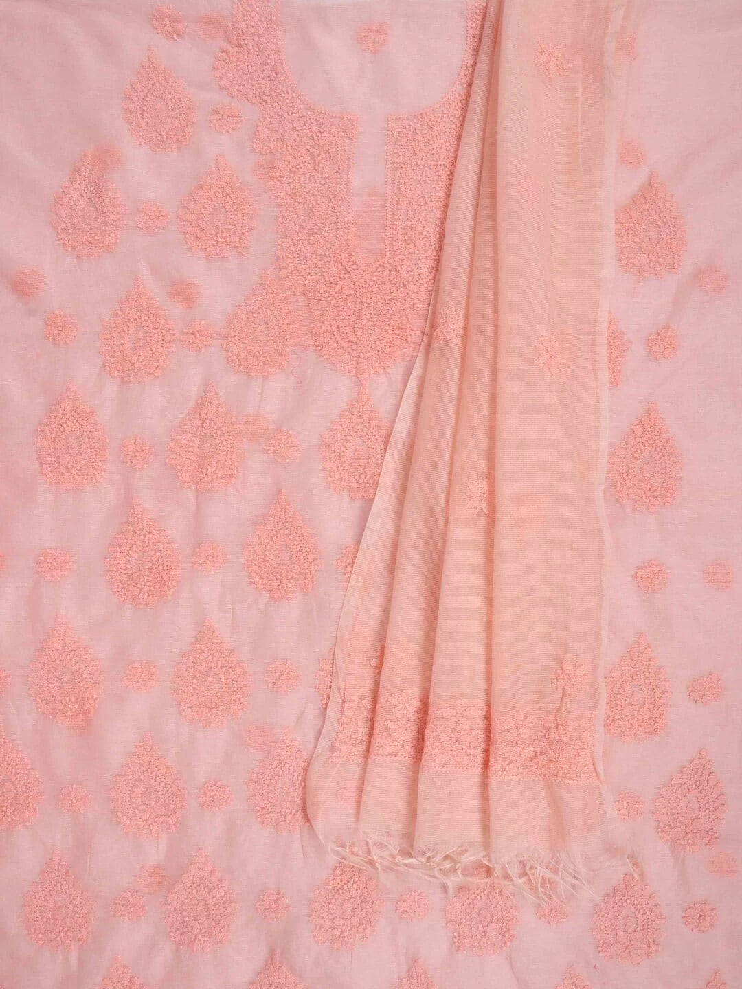 Ada Hand Embroidered Peach Super Net Lucknowi Chikankari Unstitched Kurta Dupatta Set 01A261734