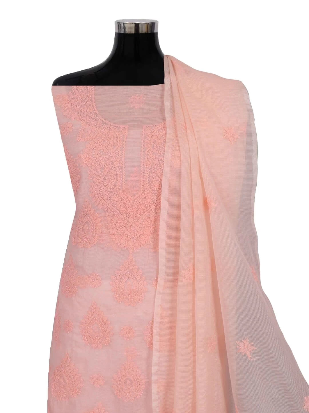 Ada Hand Embroidered Peach Super Net Lucknowi Chikankari Unstitched Kurta Dupatta Set 01A261734