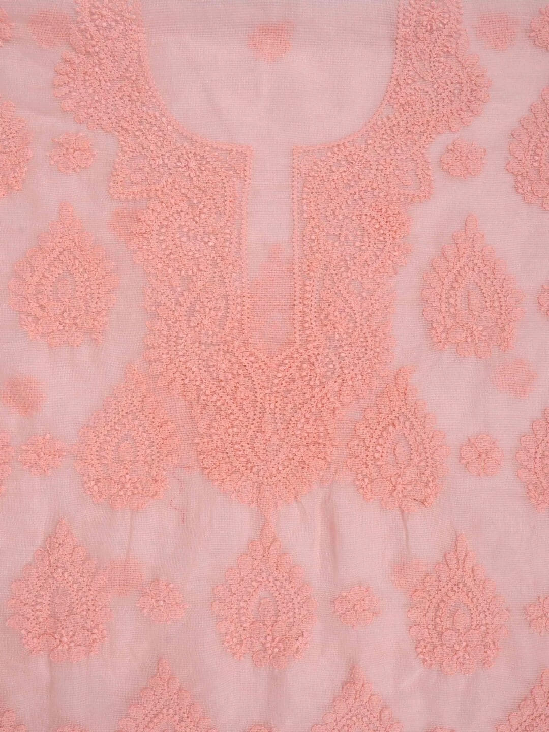 Ada Hand Embroidered Peach Super Net Lucknowi Chikankari Unstitched Kurta Dupatta Set 01A261734