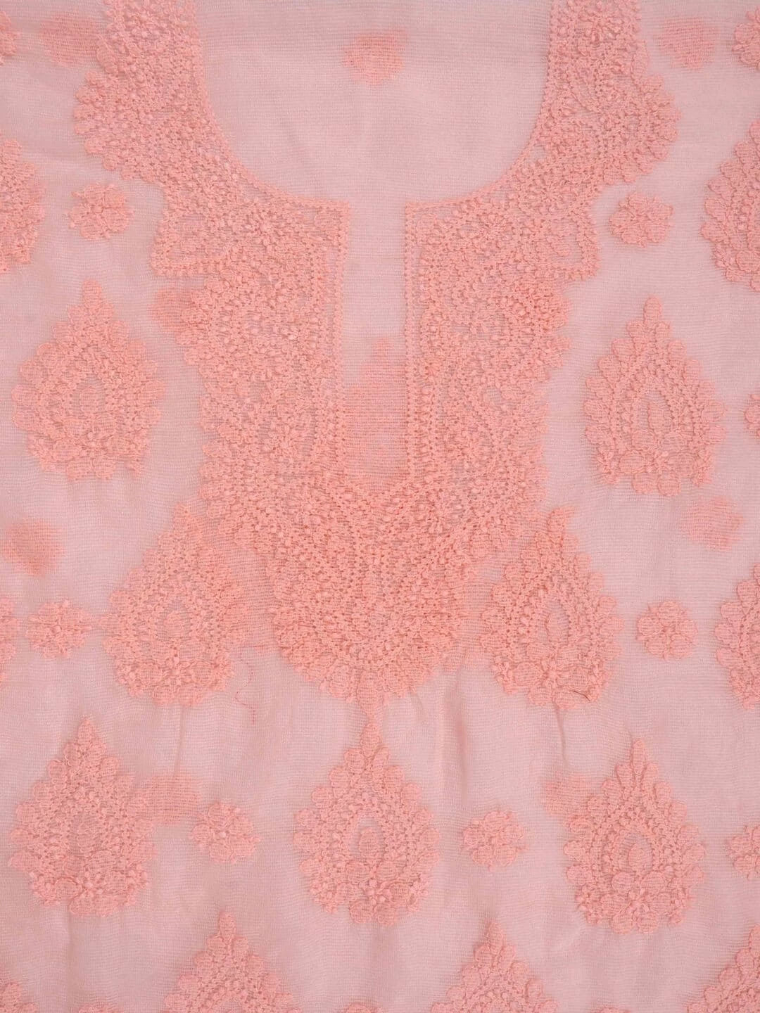 Ada Hand Embroidered Peach Super Net Lucknowi Chikankari Unstitched Kurta Dupatta Set 01A261734