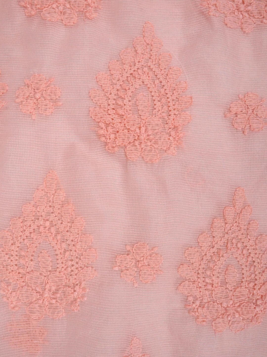 Ada Hand Embroidered Peach Super Net Lucknowi Chikankari Unstitched Kurta Dupatta Set 01A261734