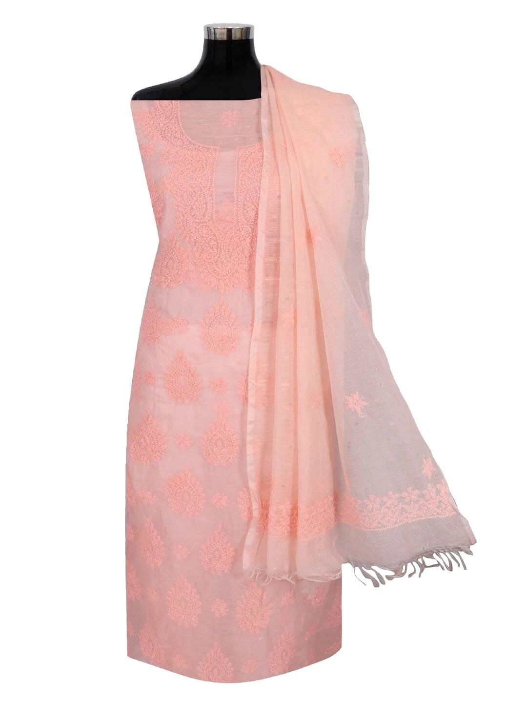 Ada Hand Embroidered Peach Super Net Lucknowi Chikankari Unstitched Kurta Dupatta Set 01A261734