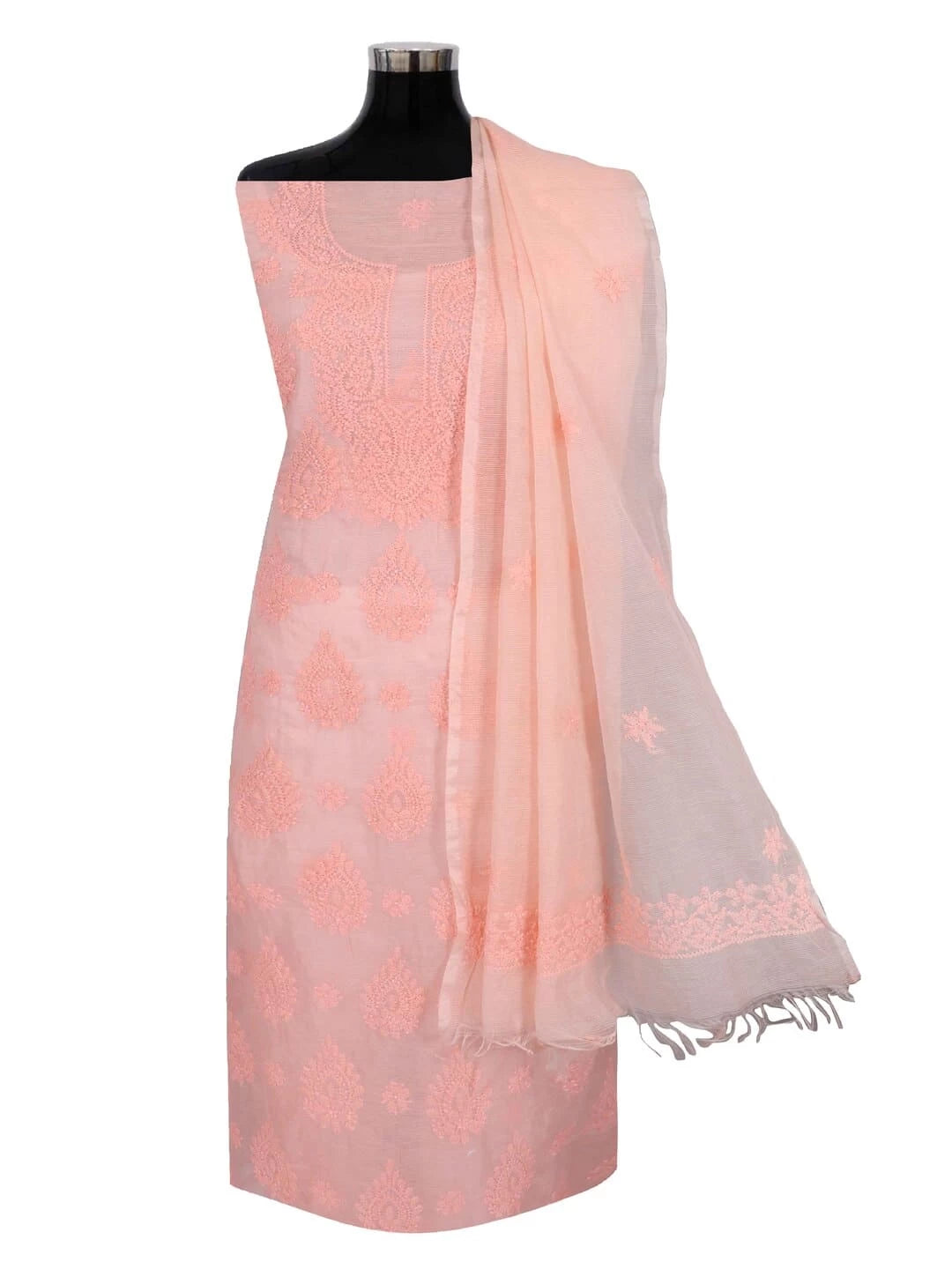 Ada Hand Embroidered Peach Super Net Lucknowi Chikankari Unstitched Kurta Dupatta Set 01A261734