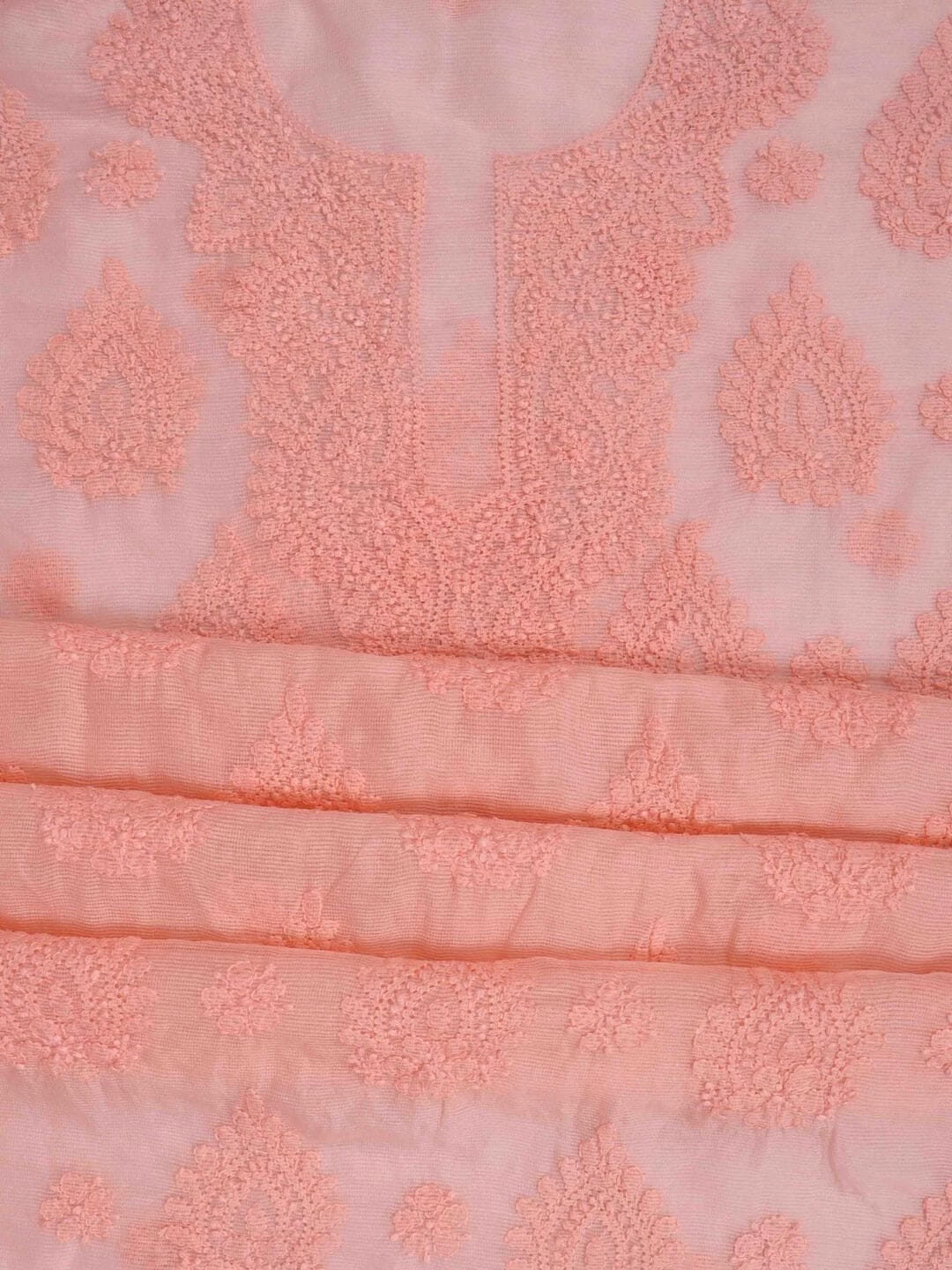 Ada Hand Embroidered Peach Super Net Lucknowi Chikankari Unstitched Kurta Dupatta Set 01A261734