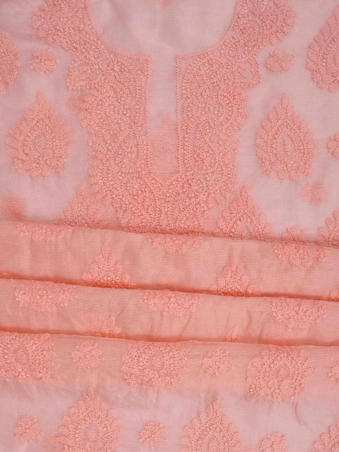 Ada Hand Embroidered Peach Super Net Lucknowi Chikankari Unstitched Kurta Dupatta Set 01A261734