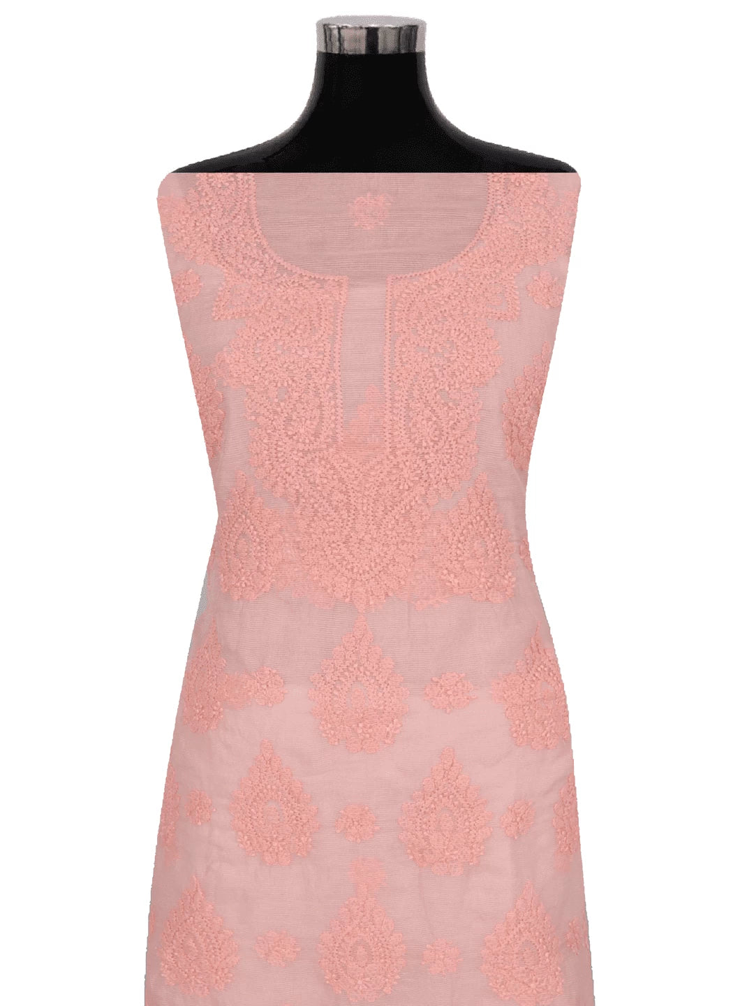 Ada Hand Embroidered Peach Super Net Lucknowi Chikankari Unstitched Kurta Dupatta Set 01A261734