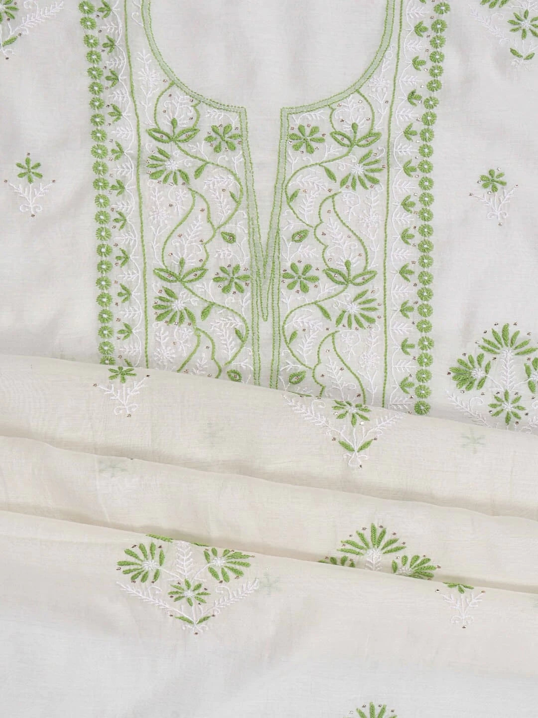 Ada Hand Embroidered White Chanderi Lucknowi Chikankari Unstitched Kurta Dupatta Set With Muqaish Work 01A260018