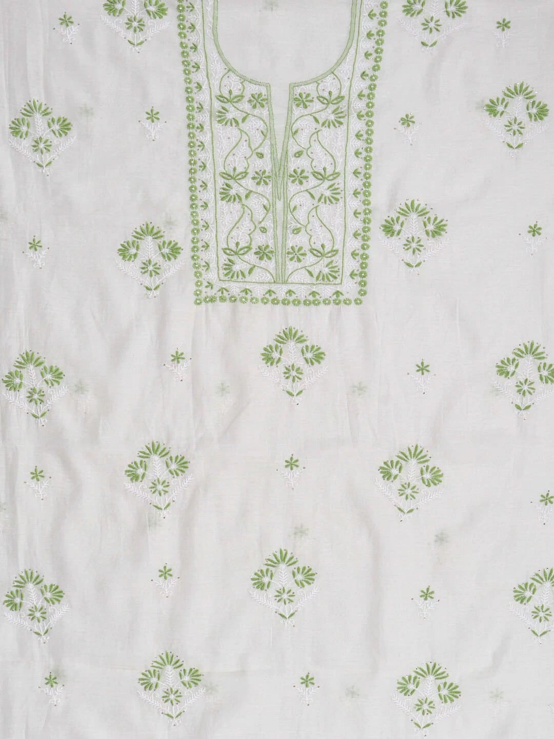 Ada Hand Embroidered White Chanderi Lucknowi Chikankari Unstitched Kurta Dupatta Set With Muqaish Work 01A260018